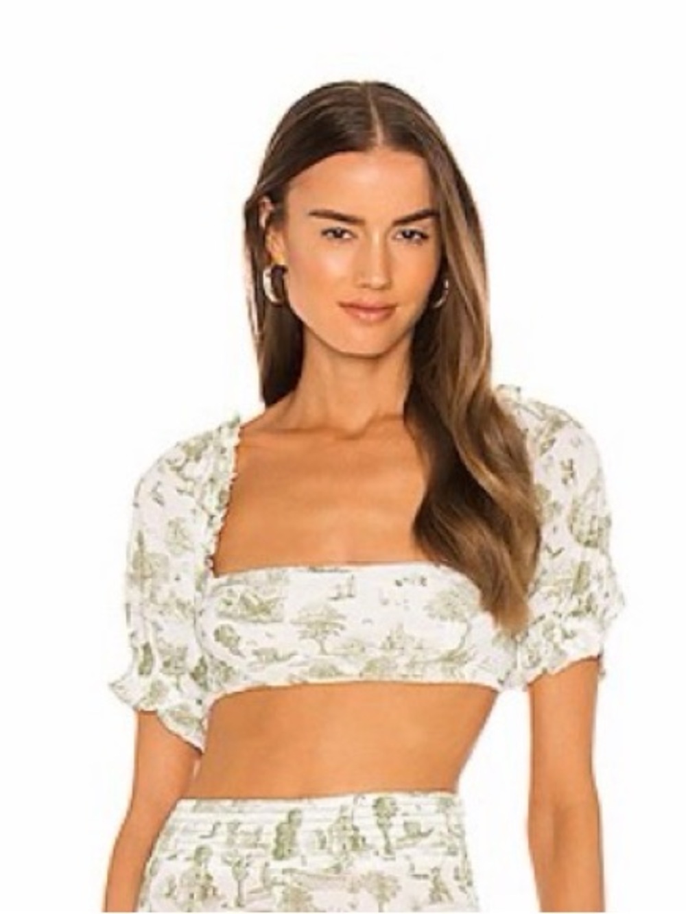 WeWoreWhat Green and White Printed Puff Sleeve Crop Top